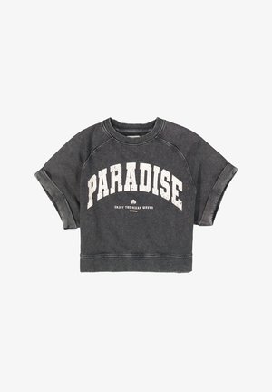 Sudadera de manga corta de color gris oscuro con puños doblados y texto blanco "PARADISE" y "Enjoy the ocean waves" en el frente.