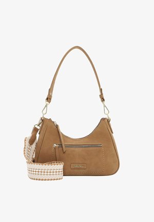 Pruun nahast õlakott esikülje tõmblukuga tasku, kuldse riistvara, eemaldatava põimitud rihma ja lühikese käepidemega.