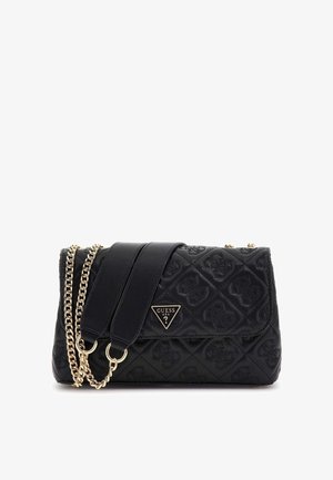 Borsa a tracolla nera trapuntata in materiale sintetico, dotata di una catena dorata, una placca decorativa con logo e una chiusura a patta.