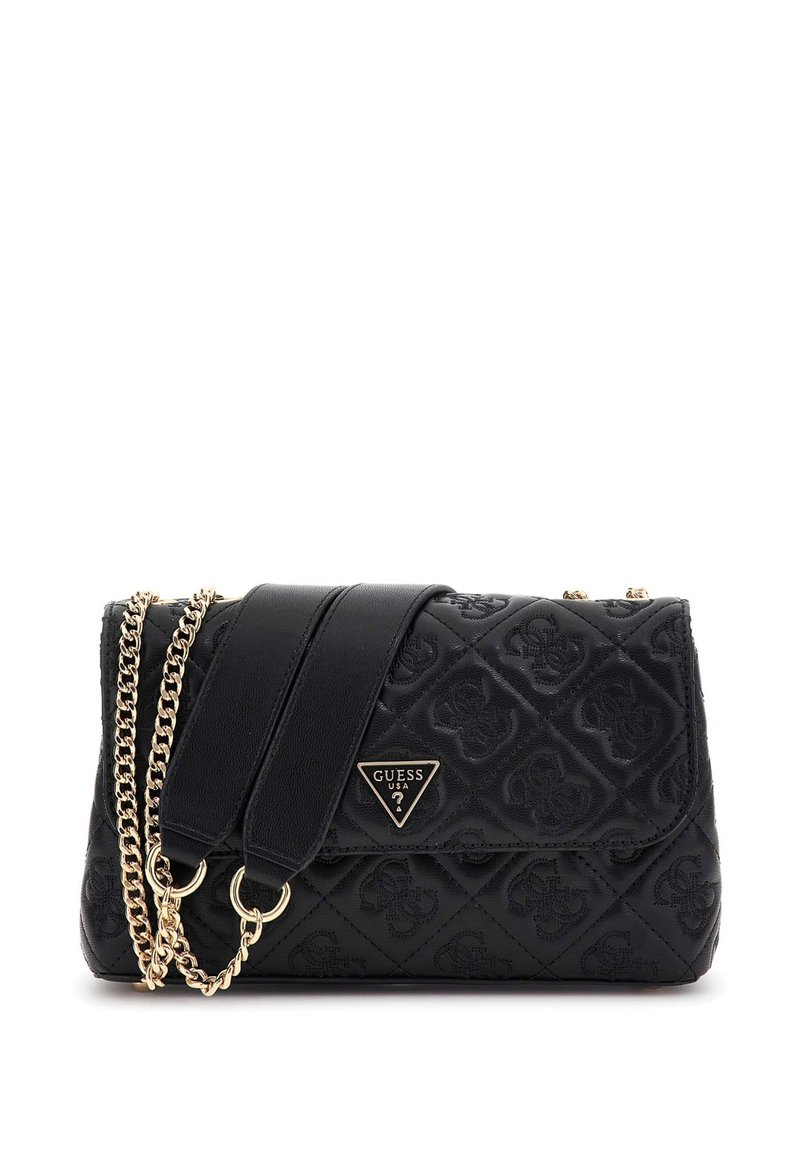 Schwarze gesteppte Handtasche aus synthetischem Material mit einem goldenen Kettenriemen, einer dekorativen Logo-Plakette und einem Klappenverschluss.