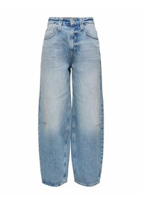 Jeans de tiro alto en denim azul claro, de pierna ancha, con cinco bolsillos y una ligera textura desgastada. Costuras visibles a lo largo de las costuras y dobladillos.