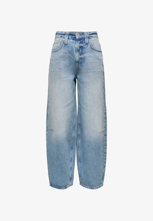 Lyseblå denim wide-leg jeans med høj talje, fem lommer og en let slidt tekstur. Synlig syning langs sømme og kanter.