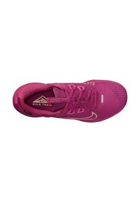 Zapatilla de running Nike Juniper Trail, de color rosa brillante con parte superior de malla texturizada, detalles dorados, cordones en contrasta y cuello acolchado para mayor comodidad.