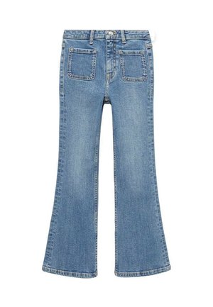 Jasnoniebieskie jeansy dzwony z wysokim stanem, dwie tylne kieszenie i zapięcie na guzik z przodu; przeszycia wzdłuż szwów.