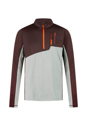 Sporttop met lange mouwen en halve rits, bruine bovenkant, lichtgrijze onderkant en oranje ritssluiting en zakdetail op de borst.