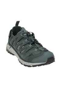 Dunkelgrüner Wanderschuh mit strukturiertem Obermaterial, flexiblem Design und Gummisohle. Verfügt über einstellbare Schnürsenkel und eine verstärkte Zehenkappe.