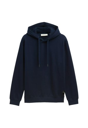 Laivastonsininen huppari, jossa on kiristettävä huppu, ribatut hihansuut ja helma. Siinä on pieni brändilogo alhaalla vasemmalla puolella. Puuvillasekoitekangas.