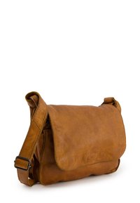 Brown leather messenger bag with a smooth texture, adjustable strap, and a flap closure. Features a rectangular shape and minimalistic design.