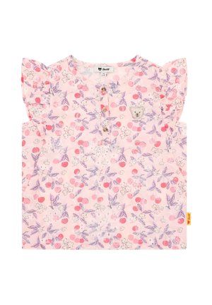 Pink short-sleeve top features floral and fruit patterns, ruffled sleeves, a button placket, and a bear appliqué for decoration.