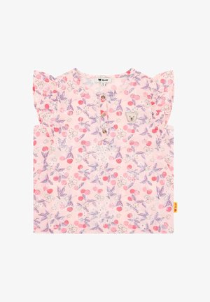 Top rosa de manga corta con estampados de flores y frutas, mangas con volantes, una tapeta de botones y un aplique de oso como decoración.