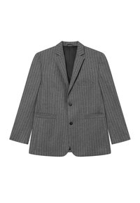 Γκρι σακάκι με ραφές, μονόκουμπτο σχέδιο, καφέ πέτο, δύο μπροστινές τσέπες και μαύρη εσωτερική επένδυση.