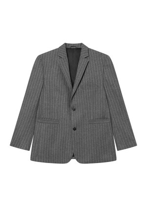 Grijze blazermantel met een enkelgebreid ontwerp, met notch-lapels, twee voorzakken en een zwarte binnenvoering.