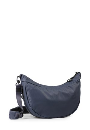 Borsa a tracolla in nylon blu navy con design curvo, tracolla regolabile e una texture liscia. Presenta una chiusura con zip e un piccolo dettaglio del logo.