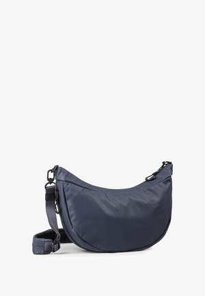 Navy nylon sling bag with a curved design, adjustable strap, and a smooth texture. Features a zipper closure and a small logo detail.