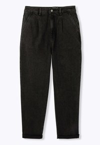Pantalon en denim noir avec une coupe décontractée, doté d'une taille haute, d'un devant plissé et d'ourlets roulés pour un look décontracté.