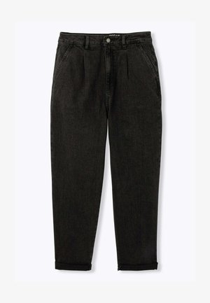 Pantalon en denim noir avec une coupe décontractée, doté d'une taille haute, d'un devant plissé et d'ourlets roulés pour un look décontracté.