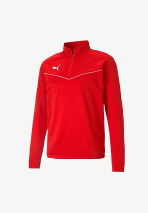 Roter Langarmpullover mit einem Viertelreißverschluss, aus glattem Stoff gefertigt. Mit weißen Akzentlinien und einem weißen Puma-Logo auf der Brust.
