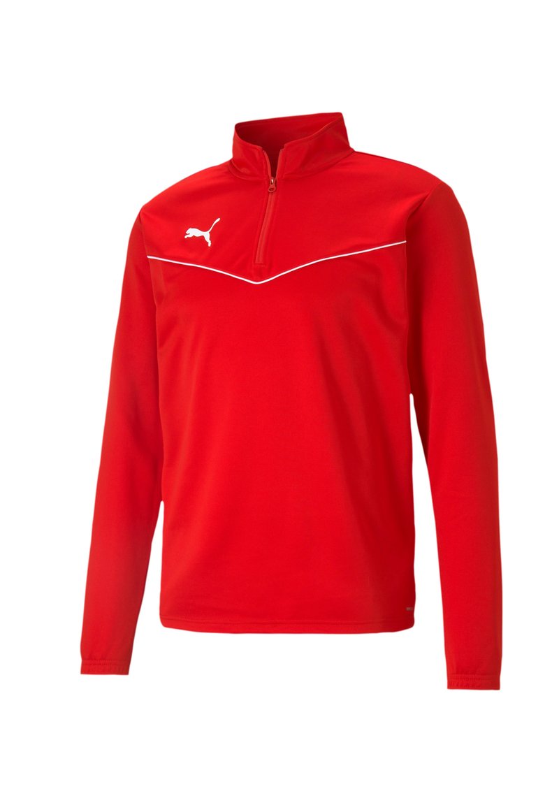 Rode langemouwtrui met een kwart rits, gemaakt van gladde stof. Bevat witte accentlijnen en een wit Puma-logo op de borst.