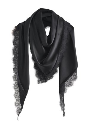Black satin triangular scarf with delicate black lace trim along the edges, draped with pointed ends hanging down.