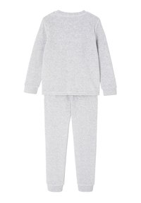 Gray, long-sleeve top paired with matching sweatpants. Soft, textured fabric with a relaxed fit. No patterns or accents.