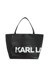 Borsa tote nera realizzata in materiale testurizzato, con manici robusti e un logo bianco ben visibile con una silhouette, design con apertura superiore.