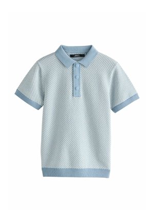 Šviesiai mėlyna trumpomis rankovėmis megzta polo marškinėliai su tekstūruotu raštu, ribuotu apykakle, rankogaliais, apačia ir trimis audiniu apvilkta mygtukais ant siūlės.