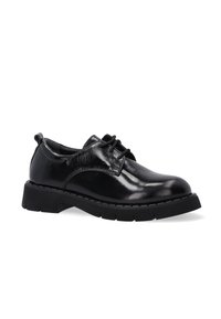 Schwarze Leder Schnürschuhe mit hochglänzender Oberfläche, ausgestattet mit einer dicken Gummisohle und runder Spitze. Minimalistisches Design mit dezenten Nähten.