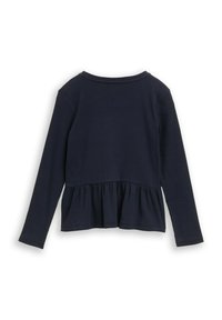 Langarmtop in donker marineblauw, met geribbelde textuur, heeft een ronde halslijn en een peplumzoom met geplooide stofdetails bij de taille.