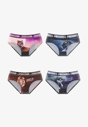 Quatre culottes pour femmes avec imprimés animaux : panthère, tigre, lion et loup, chacune avec une ceinture de marque indiquant "FREEGUN WILD".