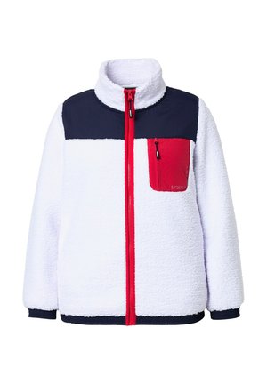 Biała polarowa kurtka z granatowymi ramionami i czerwonym zamkiem błyskawicznym. Posiada czerwoną kieszeń na piersi z zamkiem, wysoki kołnierz oraz ściągacze przy rękawach.