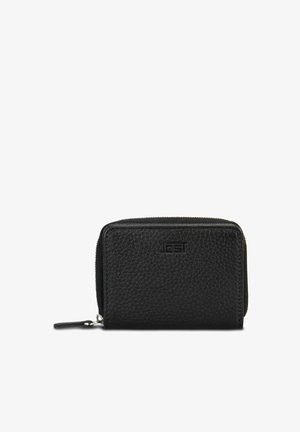 Black leather wallet with a textured finish, zippered closure, and embossed logo on the front. Compact rectangular shape.