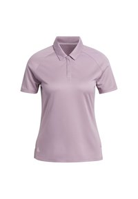 Jasnofioletowa koszulka polo z klasycznym kołnierzykiem, krótkimi rękawami, teksturowanym materiałem i małym logo na dolnym brzegu. Casualowy design, dopasowany krój.