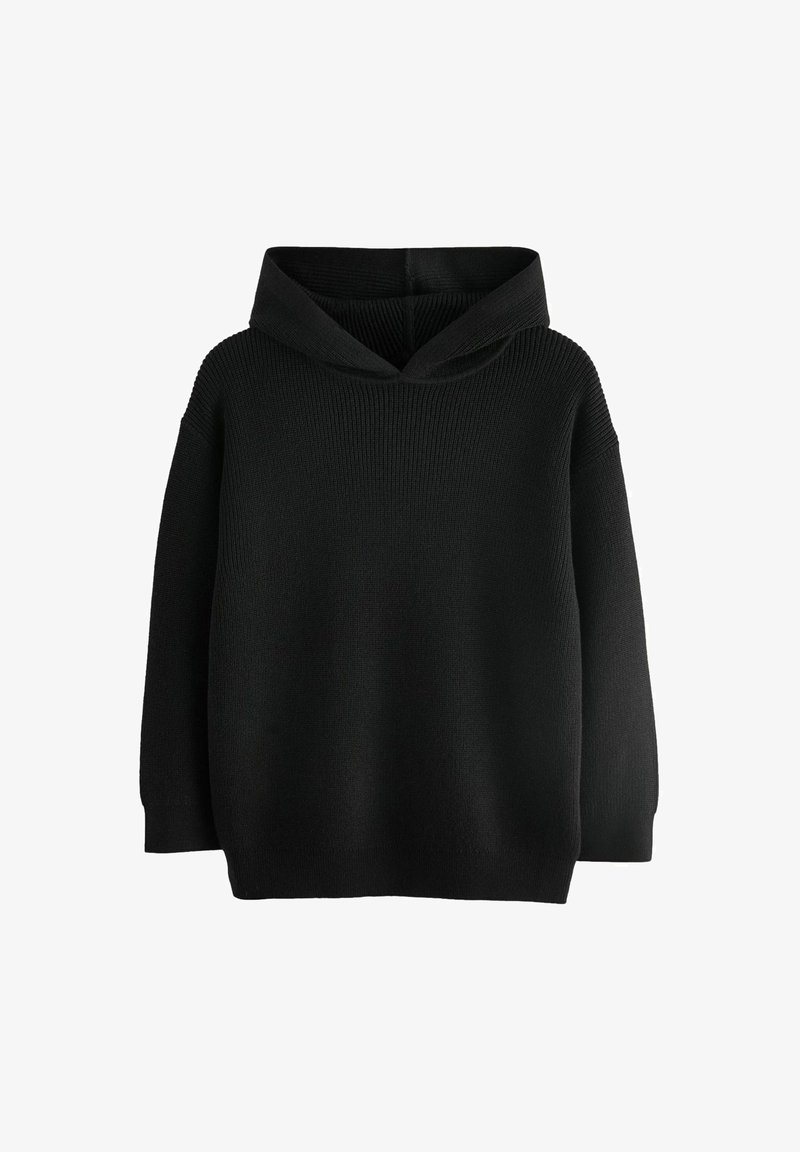 Must sõlmedega must kudum, millel on lahtine lõige, soonikstruktuur, laiad varrukad ja peen tonalne õmblus kaeluse ääres.