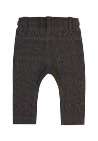 Zwarte broek met een visgraatpatroon en een gestructureerde afwerking, met een elastische tailleband en een taps toelopend ontwerp.