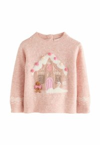 Rosa gestrickter Pullover mit einem Lebkuchenhaus-Motiv, bestickt mit einer Lebkuchenfigur, Zuckerstangen und Pom-Pom-Akzenten.
