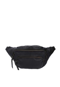 Marsupio in pelle nera con due tasche anteriori con cerniera, texture morbida, forma arrotondata e cinturino regolabile. Contiene hardware dal tono ottone.