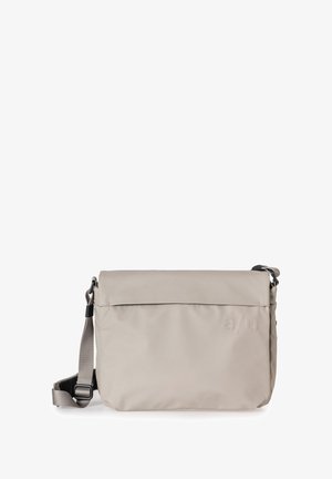 Borsa a tracolla grigia con una finitura liscia e opaca, dotata di una parte superiore pieghevole, tracolla regolabile e una tasca anteriore con zip.