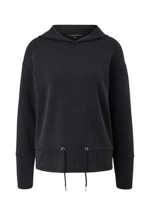 Schwarzer Hoodie mit langen Ärmeln, Kordelzug am Saum, fallenden Schultern und weicher Stofftextur, dargestellt vor einem schlichten weißen Hintergrund.