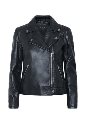 Schwarze Leder-Motorradjacke mit Reißverschluss, silbernem Metalldetails, Druckknopfkrause und zwei seitlichen Reißverschlusstaschen. Glatte, leicht glänzende Textur.