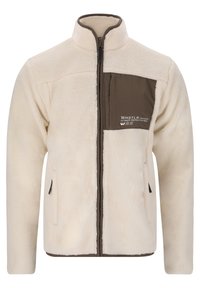 Chaqueta de forro polar en color crema con un bolsillo en el pecho con cremallera marrón. Presenta un cuello alto, cierre con cremallera y bolsillos laterales. Textura suave.