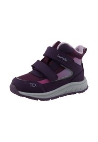 Baskets légères pour enfants en violet et rose avec des bandes Velcro, un tissu texturé et une semelle en caoutchouc présentant un motif de crampons prononcé.