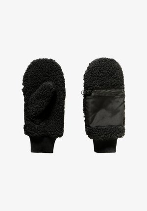 Mittens in pile nere con una texture morbida, polsini a costine e una tasca con zip su un lato. Design morbido e arrotondato per garantire calore.