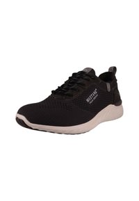 Schwarzer Sportschuh mit einem Obermaterial aus Netzgewebe, flexibler weißer Sohle und gepolstertem Schaft. Verfügt über ein Logo, das an der Seite aufgedruckt ist, und schwarze Schnürsenkel.