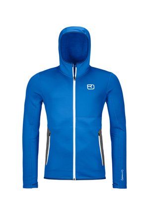 Blue hooded jacket made of smooth fabric, featuring a full zipper, gray accents on sides, and a logo on the chest. Front zippered pocket visible.