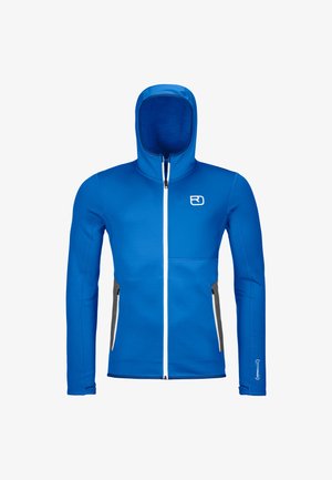 Blue hooded jacket made of smooth fabric, featuring a full zipper, gray accents on sides, and a logo on the chest. Front zippered pocket visible.