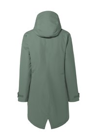 Lang olijfgroene waterdichte jas met een capuchon, rechte snit en zijsplitsen. Voorzien van verstelbare manchetten met klittenband en een zachte textuur.