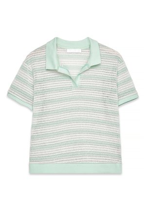 Polo shirt vert menthe à manches courtes avec un motif texturé rayé en blanc et argent. Doté d'un col classique et d'un ourlet côtelé.
