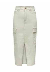 Beige Denim-Midirock mit Cargo-Taschen, Schlitz vorne, figurbetonter Silhouette und dezenten Stichdetails. Metallknopfverschluss an der Taille.