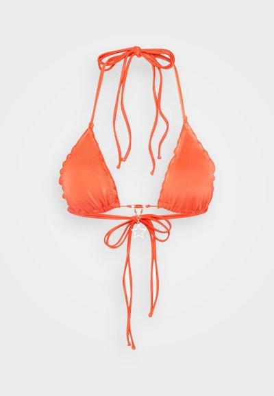 Orange triangle bikini top with scalloped edges, tied halter neck and back straps, featuring a small star-shaped charm at the center front.