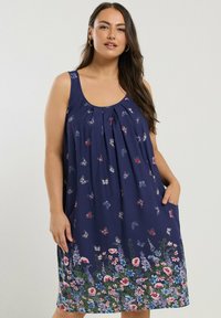 Navy ärmelloses Kleid mit Schmetterlings- und Blumenmuster, mit Falten am Ausschnitt, weiter Schnitt und Seitentaschen an der Taille.
